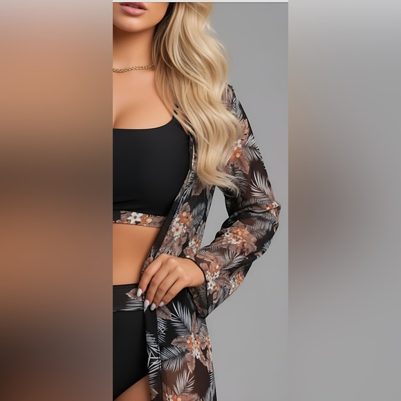 Tropical Print High Waist Bikini Swimsuit & Kimono - Picture 2 of 8